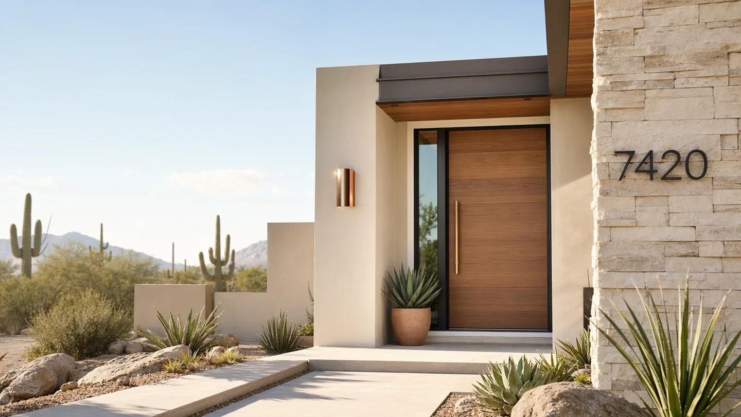 A modern home entryway at dusk with warm interior light spilling out onto a slate walkway