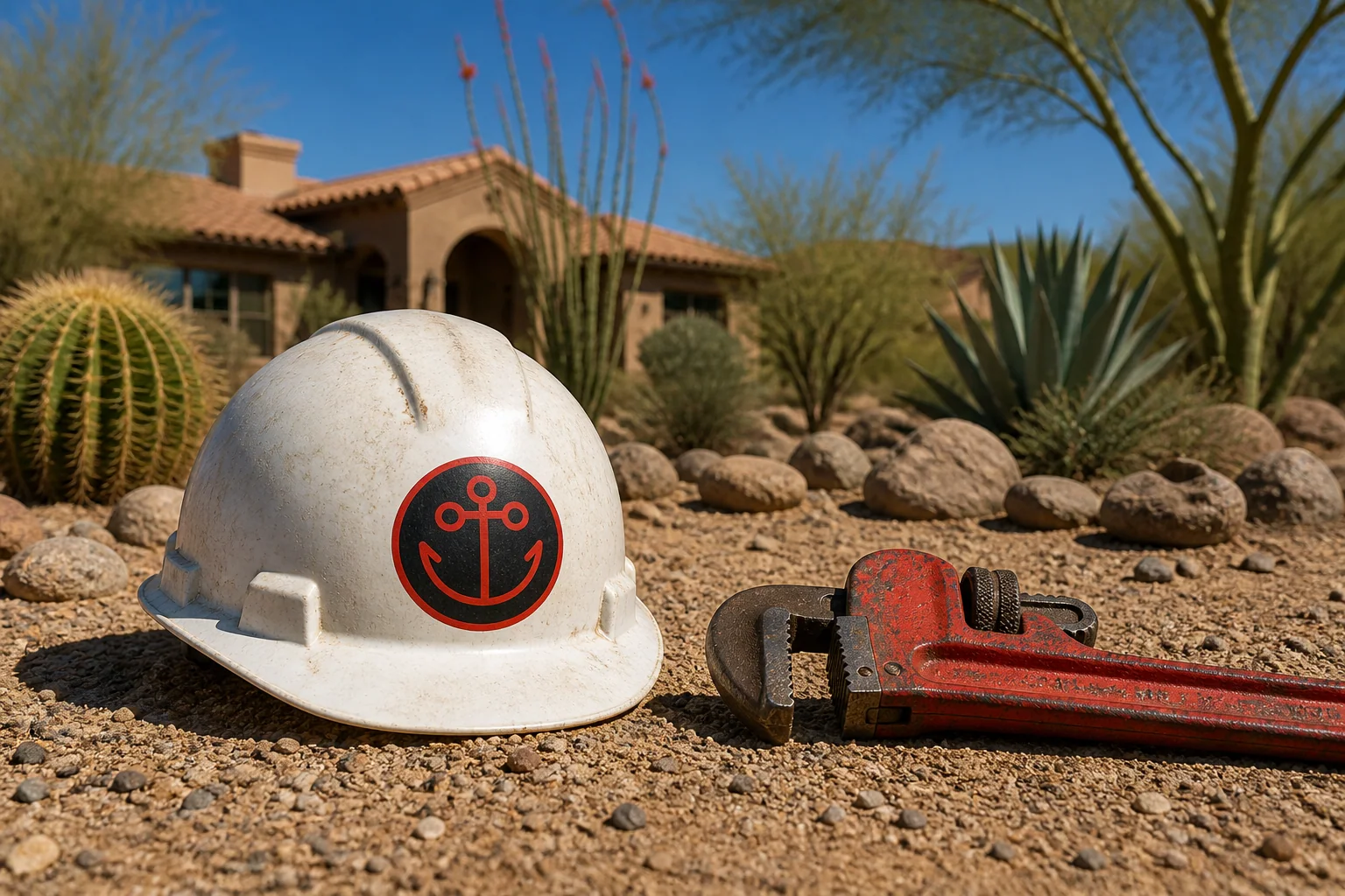 White hard hat with the Ancla Plumbing red anchor mark on the front, set on Sonoran-desert gravel beside a heavy red pipe wrench, with a Spanish-Colonial Phoenix home, ocotillo, and barrel cactus in the background